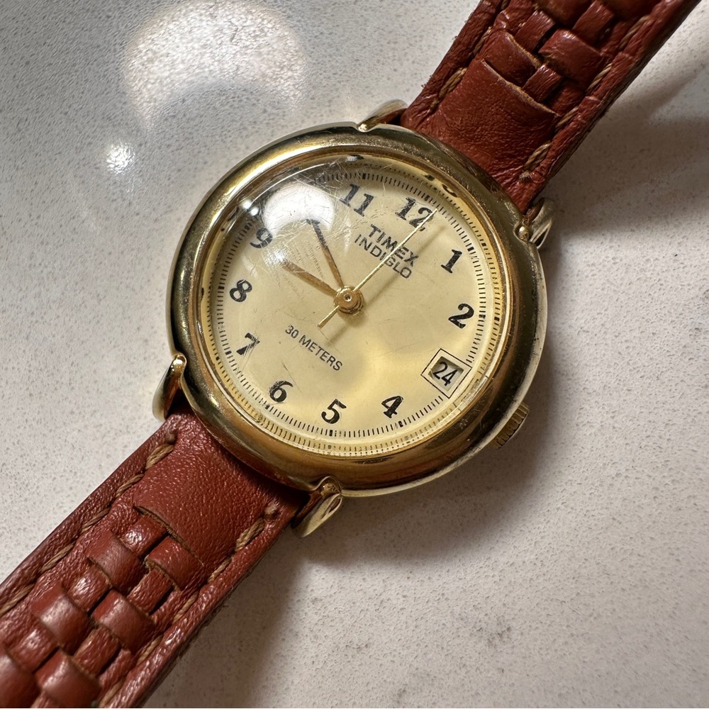 Timex Gold Watch with Woven Brown Leather Strap